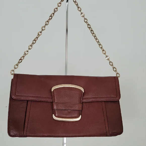 Banana Republic EUC Brown Maroon Chain Leather Shoulder Bag Clutch Flap Closure - Picture 1 of 14